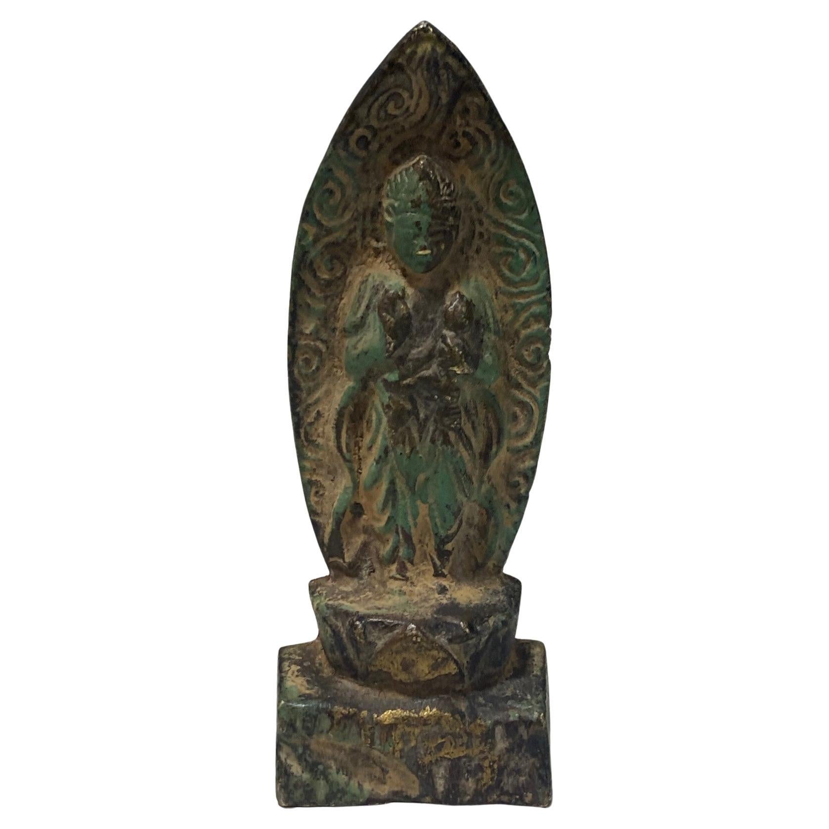 Japanische kleine japanische Amulet-Skulptur aus Bronze, Edo-Buddhistischer Tempelschrein Buddha-Statue aus Bronze