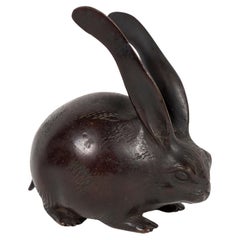Antique Japanese small round bronze hare Meiji era