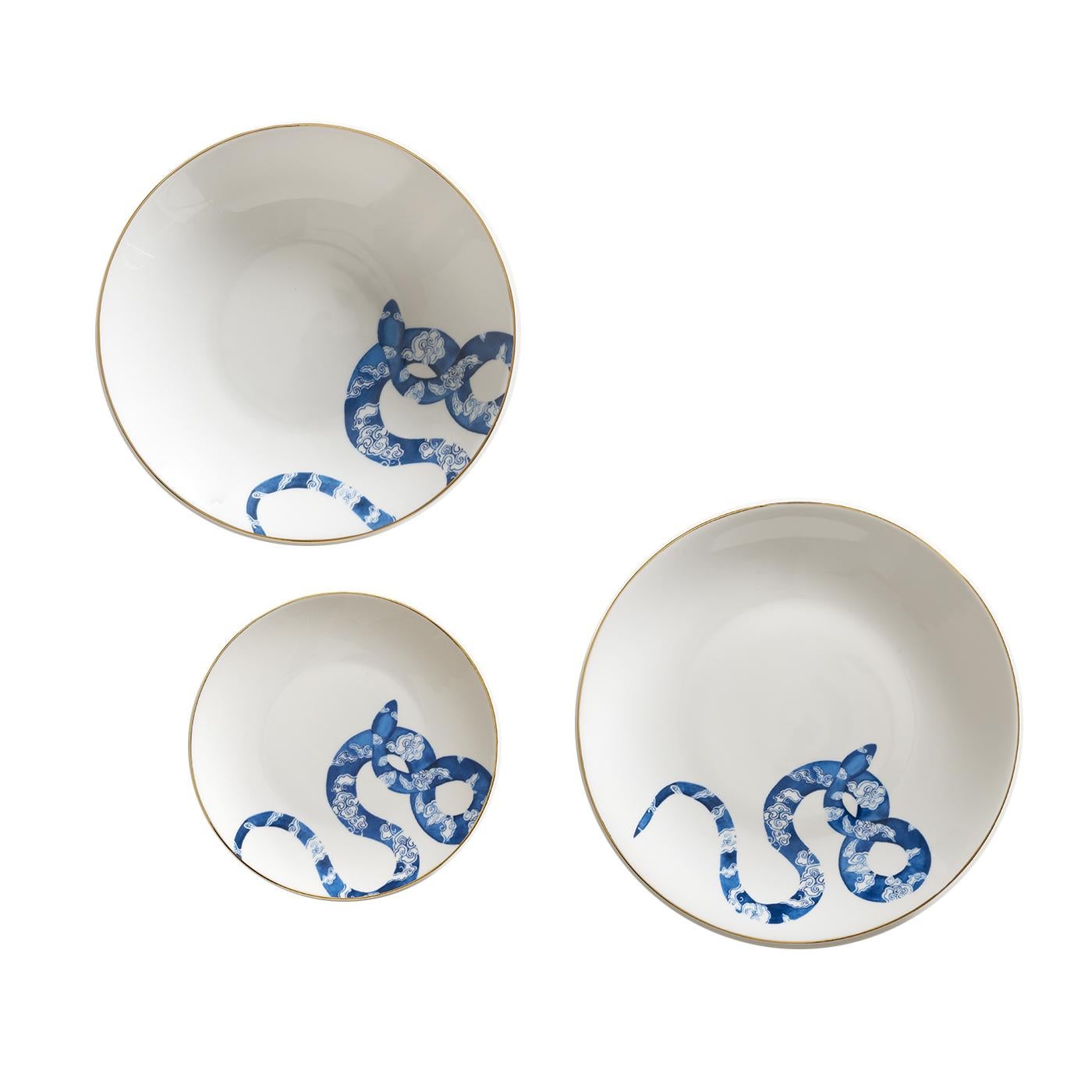 Japanese Snake Set of Three Limoges Porcelain Dishes