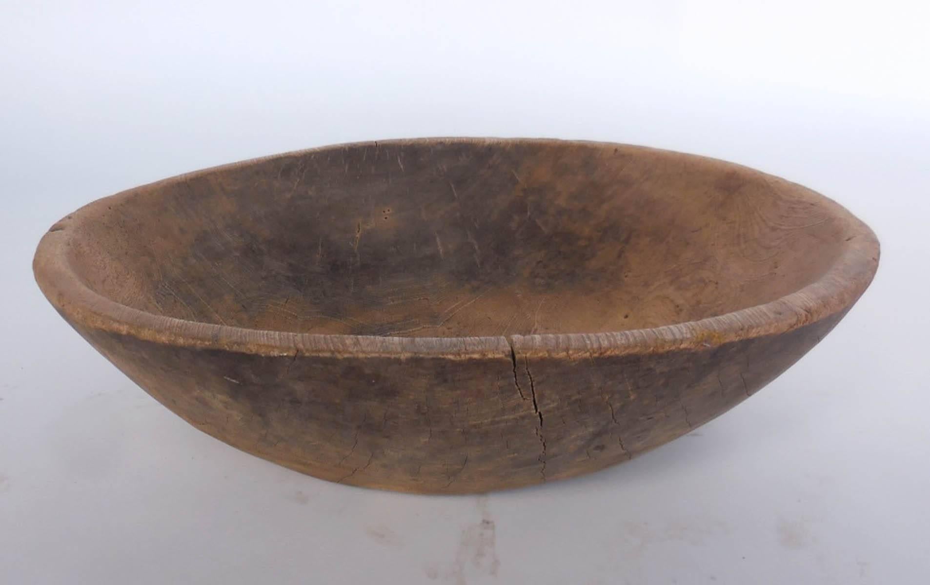 Rustic wooden large shallow round bowl for making soba dough. In very good natural condition made from one piece of wood. Modern rustic.