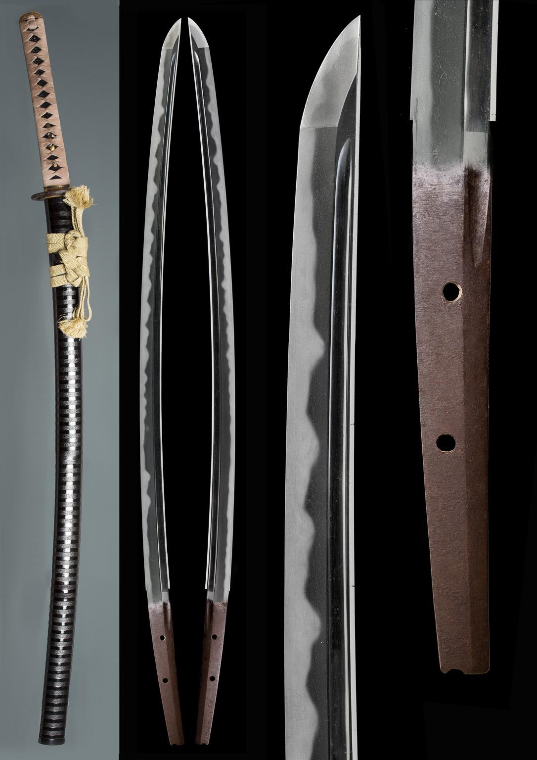 CERTIFICATE NBTHK 59 Juyo Token (Important Sword)
NAGASA 69.5 cm
MOTOHABA 2.9 cm
SAKIHABA 2.1 cm
SORI 1.8 cm
SUGATA [configuration]: shinogi-zukuri, tori-zori, iori-mune, enlongated chu-kissaki (3.9 cm)
KITAE [forging pattern]: itame mixed