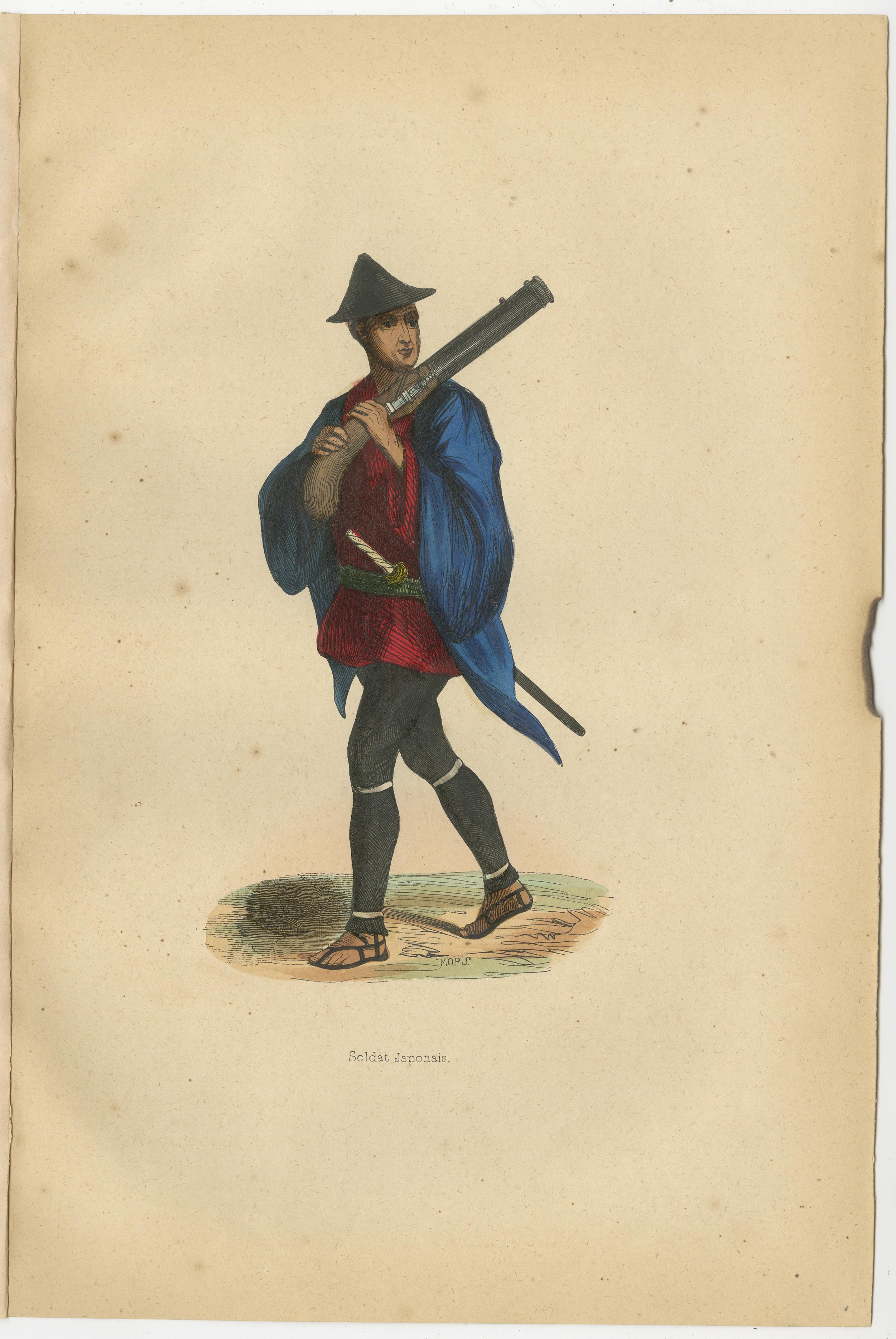 Soldados japoneses representados en litografías coloreadas a mano, publicadas en 1844 Mediados del siglo XIX en venta