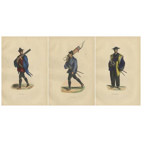 Japanese Soldiers Depicted in Hand-Colored Lithographs, Published in 1844
