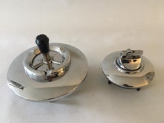 Japanese Space Age Chrome & Black Enamel 2 Piece Flying Saucer Smoker's Set