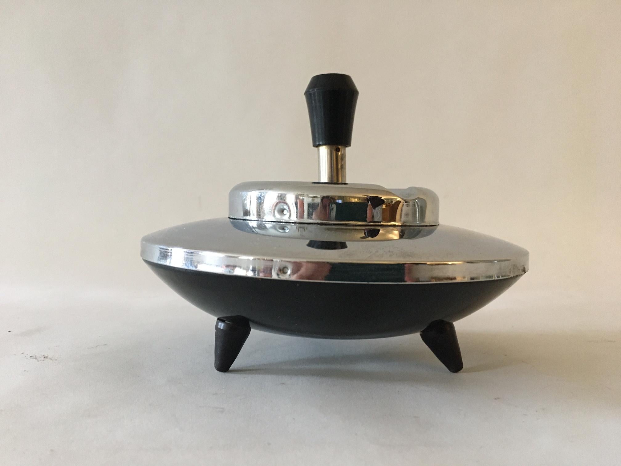 Lacquered Japanese Space Age Chrome & Black Enamel 2 Piece Flying Saucer Smoker's Set For Sale
