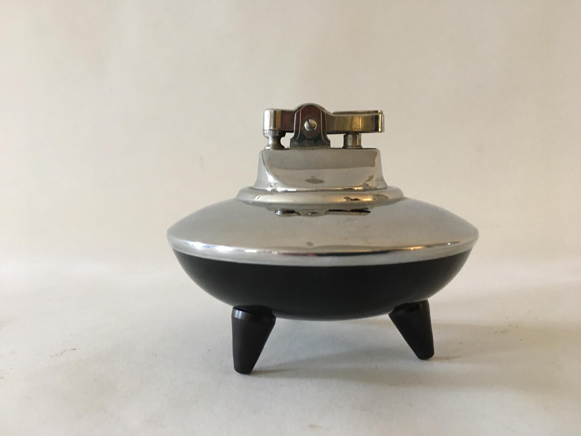 Mid-20th Century Japanese Space Age Chrome & Black Enamel 2 Piece Flying Saucer Smoker's Set For Sale