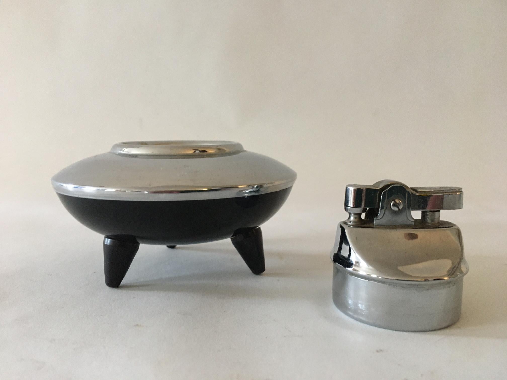 Metal Japanese Space Age Chrome & Black Enamel 2 Piece Flying Saucer Smoker's Set For Sale