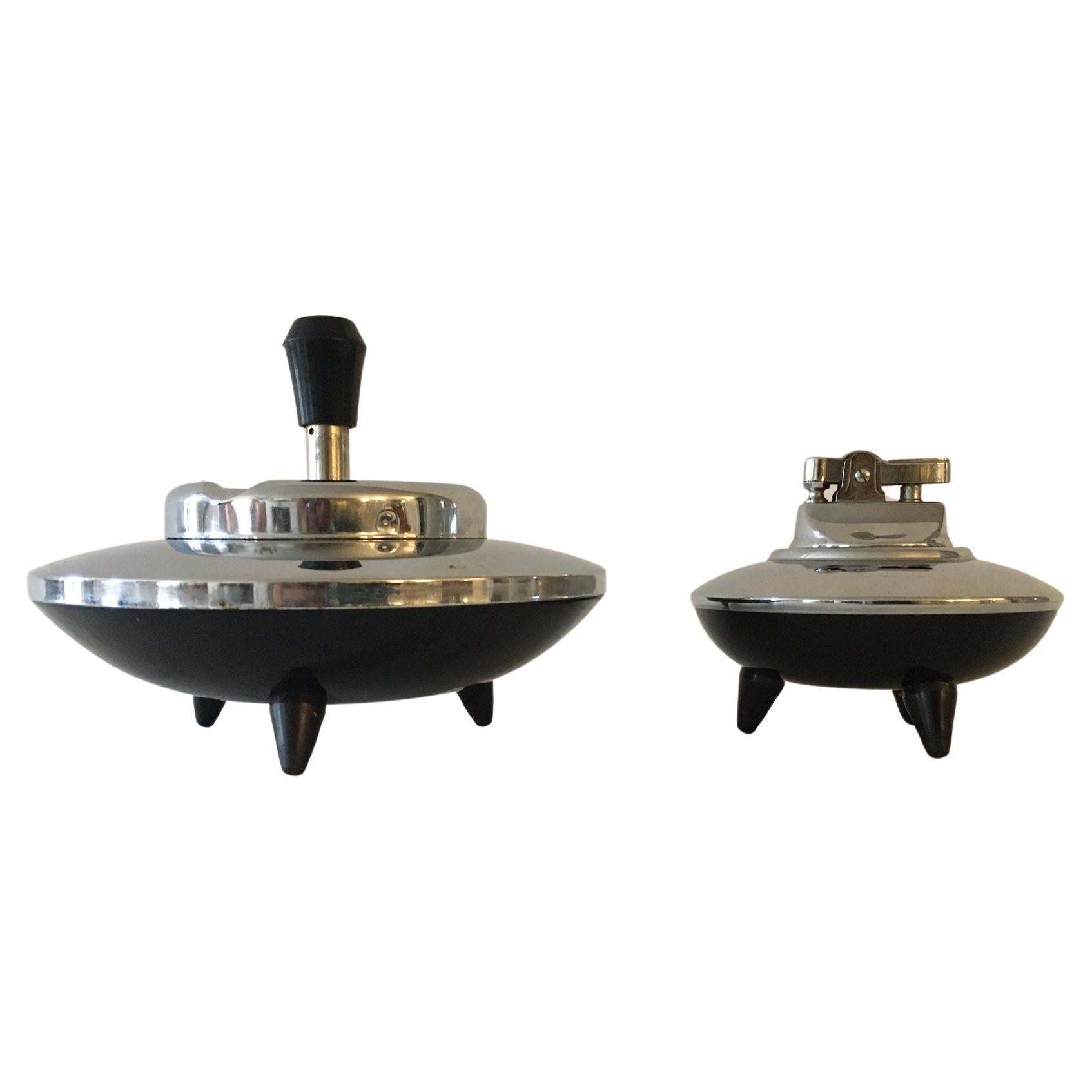 Japanese Space Age Chrome & Black Enamel 2 Piece Flying Saucer Smoker's Set For Sale