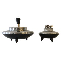 Vintage Japanese Space Age Chrome & Black Enamel 2 Piece Flying Saucer Smoker's Set