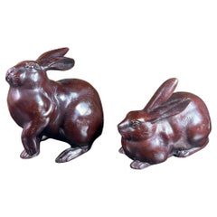 Japanese Special Antique Pair Bronze Garden Rabbits, Mint And Signed