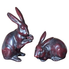 Japanese Special Antique Pair Bronze Garden Rabbits, Mint And Signed