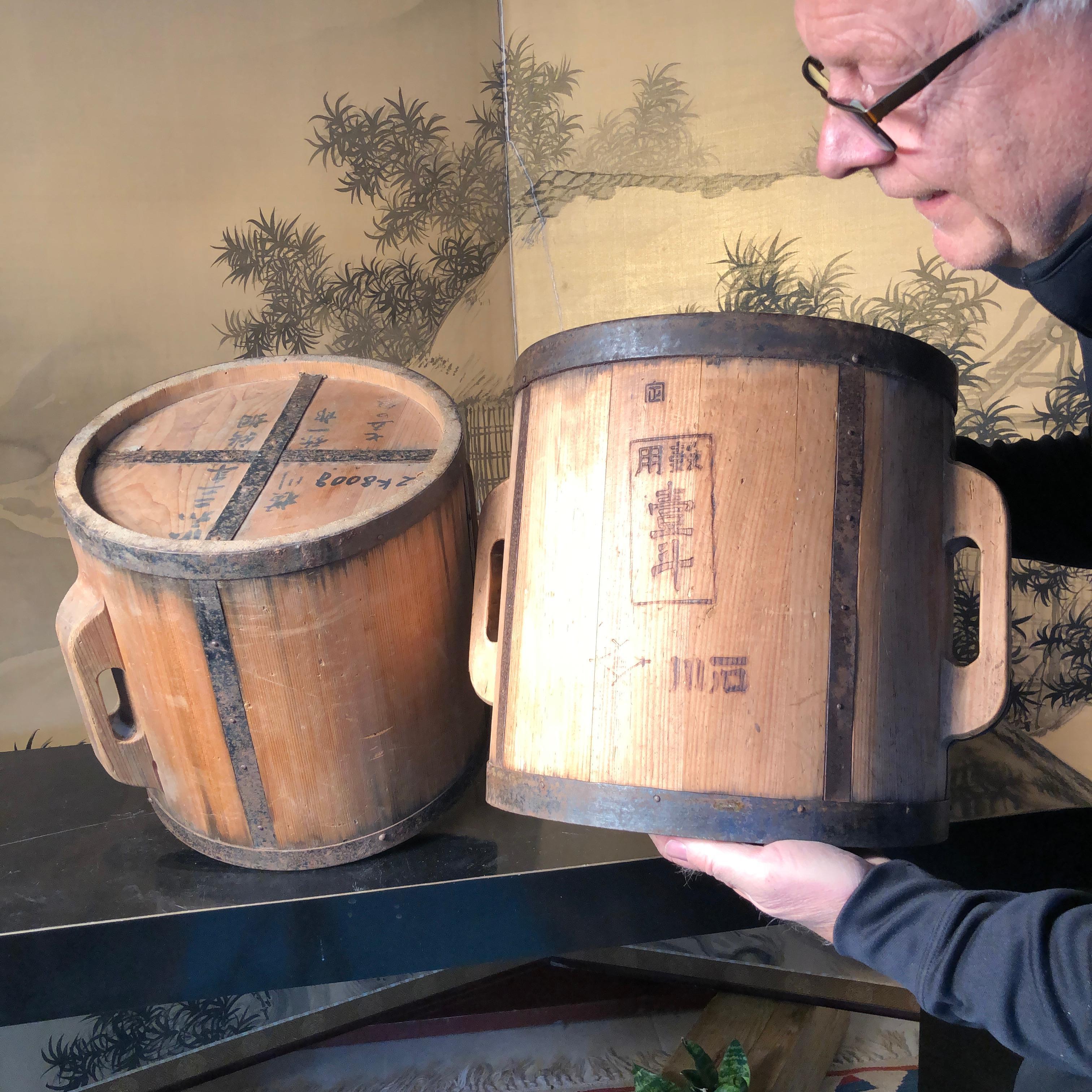 Special find from our latest Japanese Acquisition 

Here's a beautiful and unique way to accent your indoor or outdoor garden space with these treasures from Japan! 

This special pair (2) of handmade antique wooden rice measures -Itomasu- are