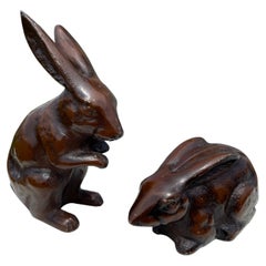 Japanese Special Pair Bronze Mount Fuji Garden Rabbits
