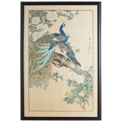 Japanese Spring Peacocks Painting on Silk