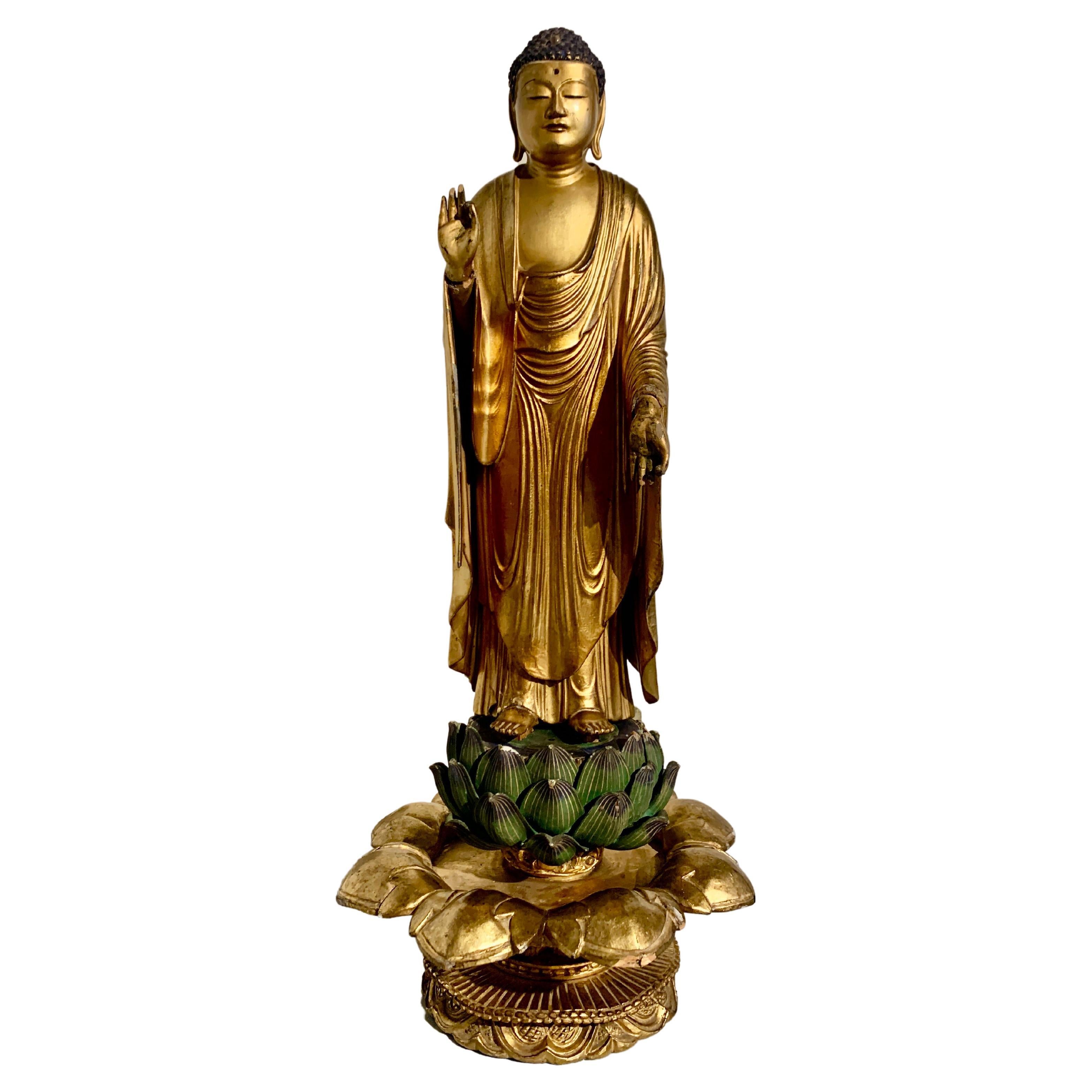 Japanischer stehender vergoldeter Buddha, Amida Nyorai, Edo-Periode, 18. Jahrhundert