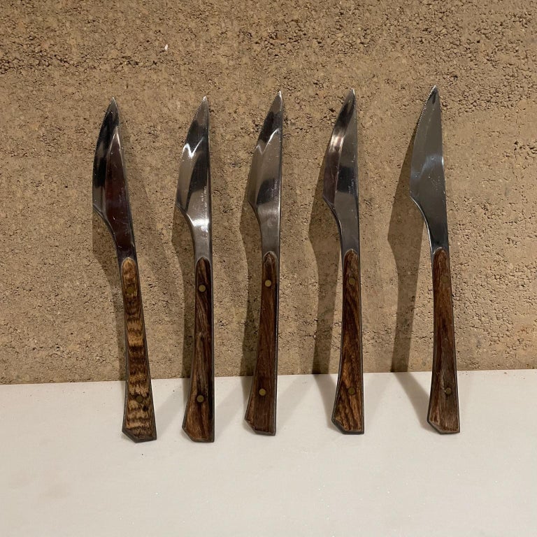 Mid Century Hanging Knife Block 6 Stainless Wood Handled Steak Knives -  Ruby Lane