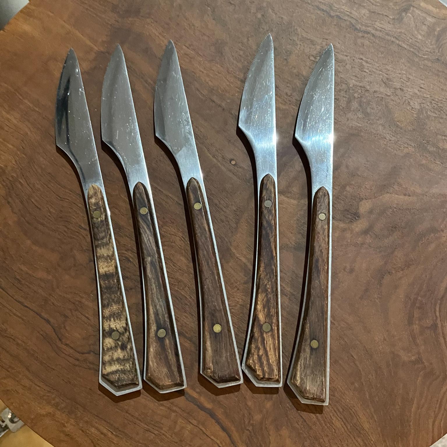 Mid-20th Century Japanese Steak Knives Modern Set of 5 Stainless Steel and Wood, 1960s