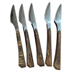 Vintage Japanese Steak Knives Modern Set of 5 Stainless Steel and Wood, 1960s