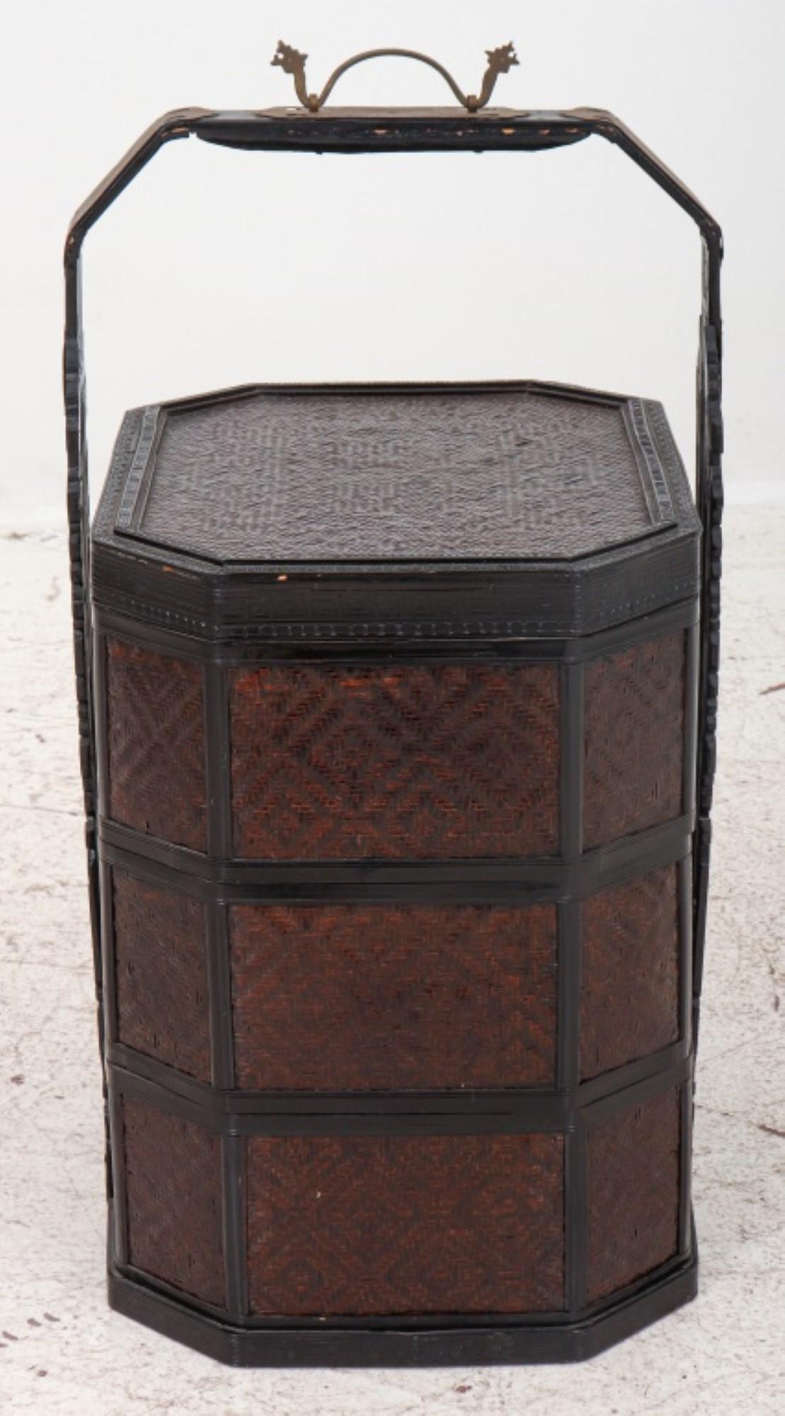 
The dimensions for the Japanese steel mounted bentwood and woven rush tiered stacking basket with handle are as follows:

Height: 27