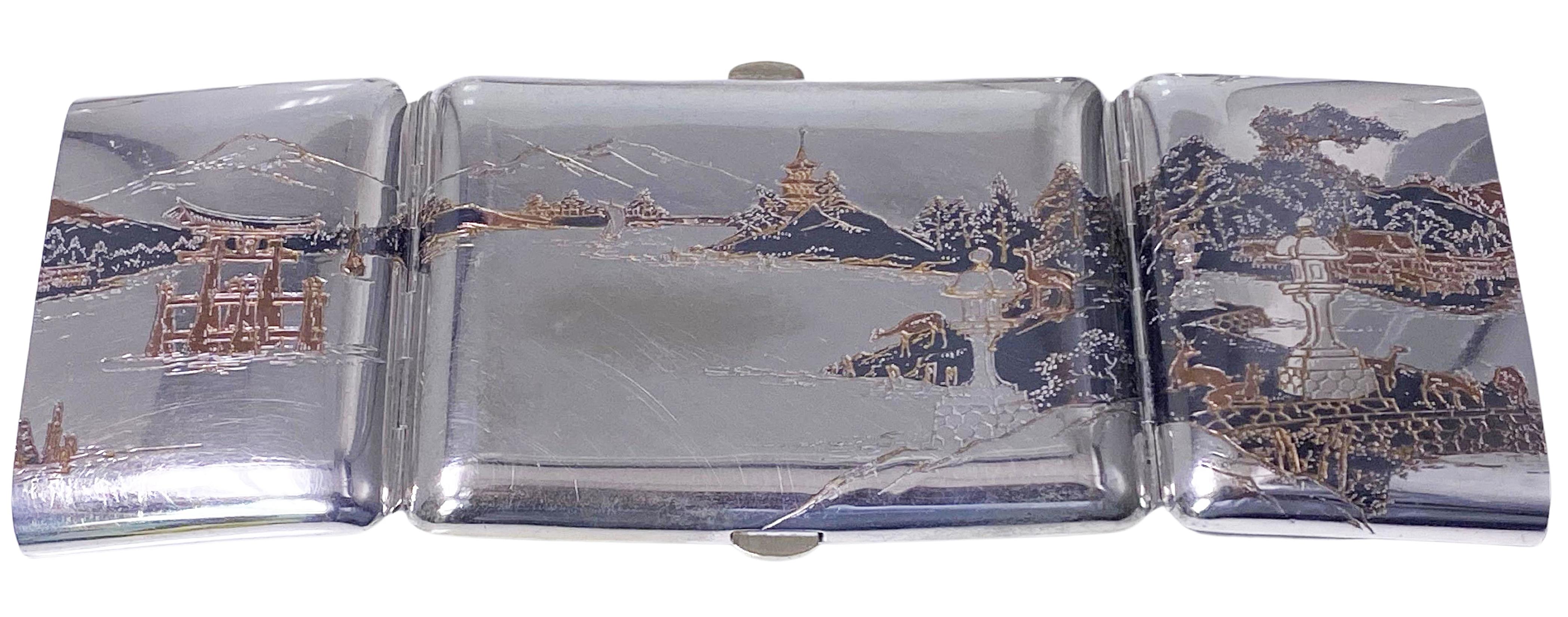 Japanese Sterling and mixed metals three sectional cigarette case In Good Condition In Toronto, ON