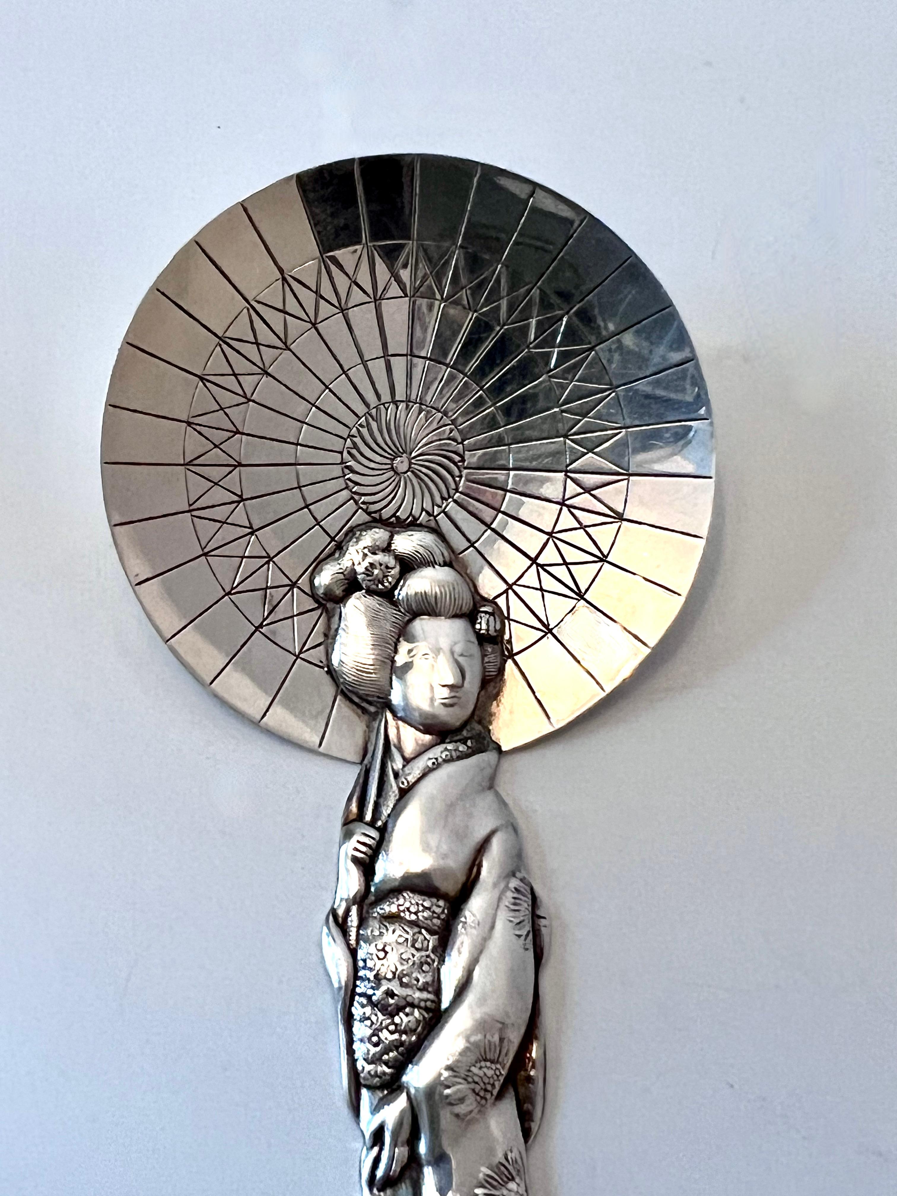 Repoussé Japanese Sterling Silver 950 Geisha Tea Caddy Spoon Al Malaikah Temple