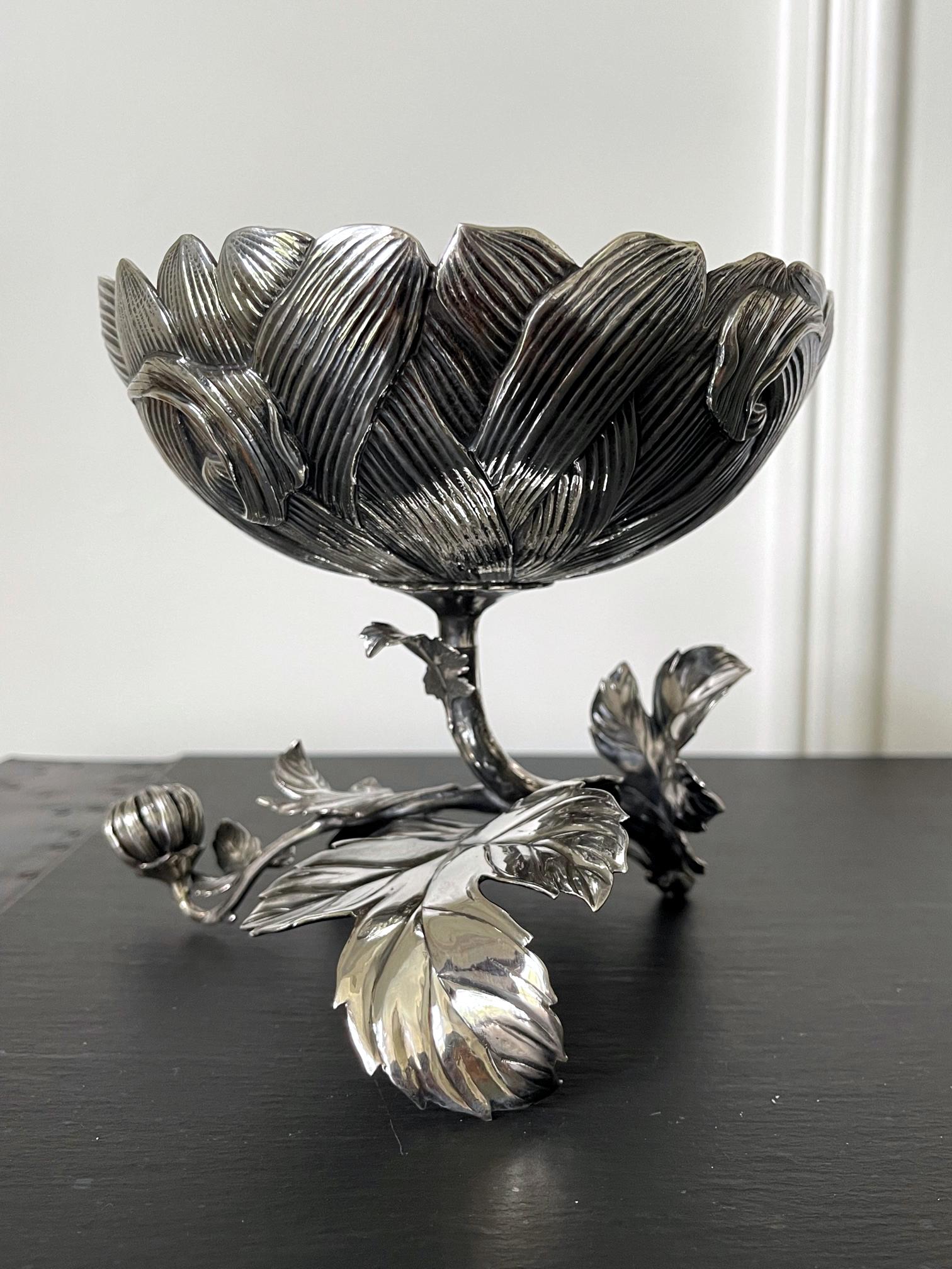 Japanese Sterling Silver Chrysanthemum Dish Meiji Period In Good Condition In Atlanta, GA