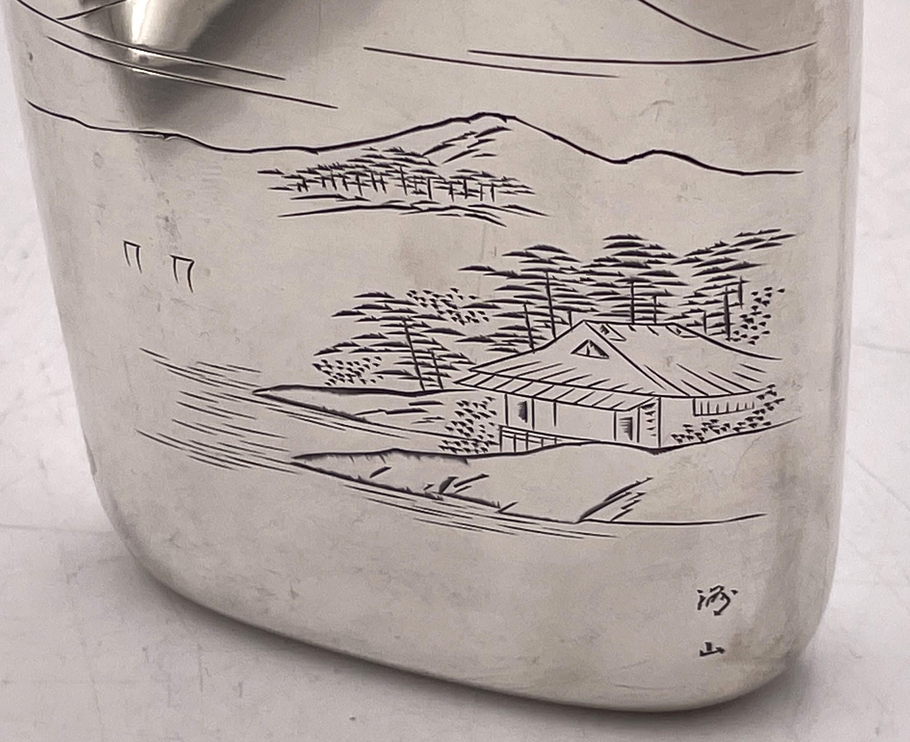20th Century Japanese Sterling Silver Flask with Engraved Japanese Landscape with Shot Glass For Sale