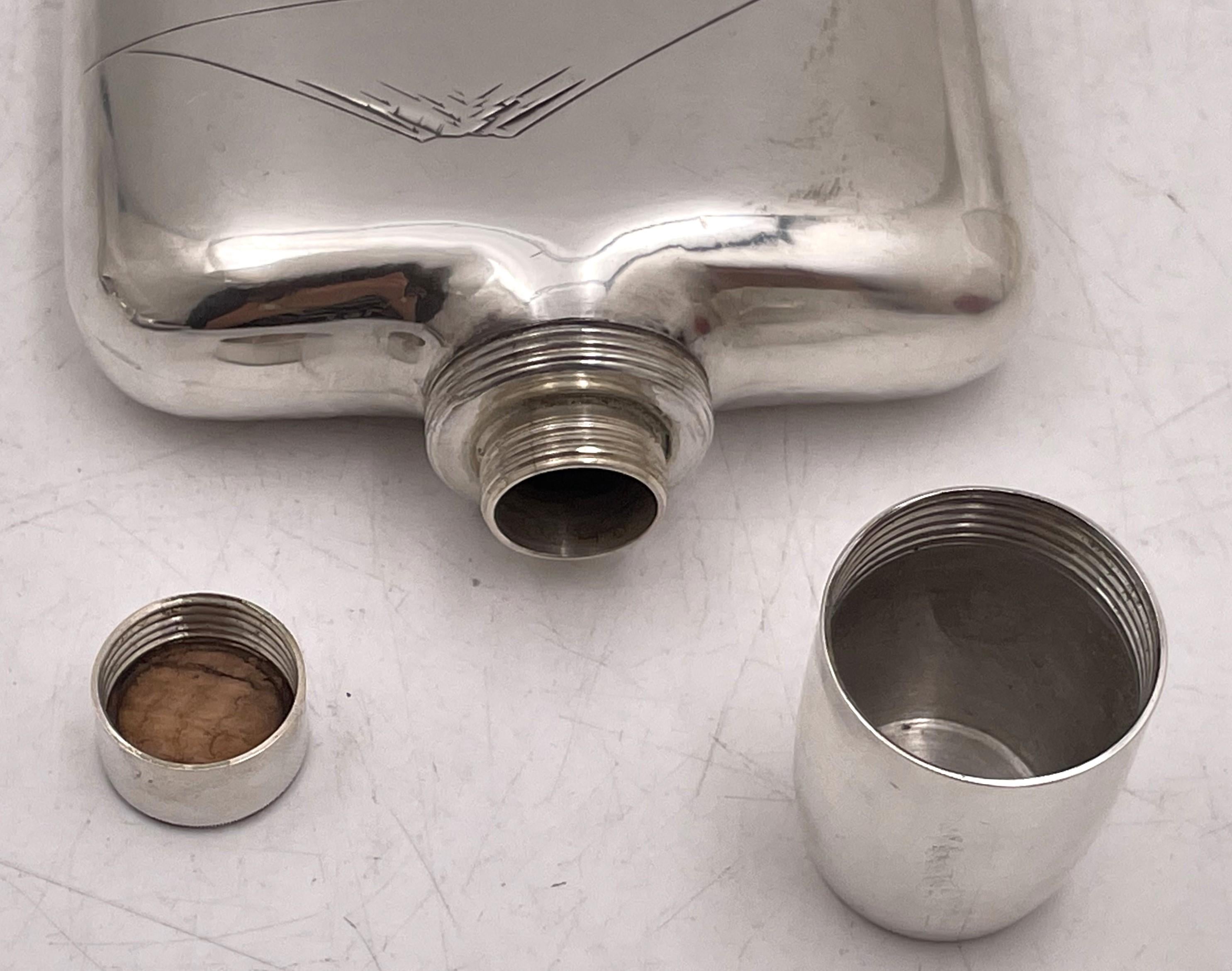 Japanese Sterling Silver Flask with Engraved Japanese Landscape with Shot Glass For Sale 2
