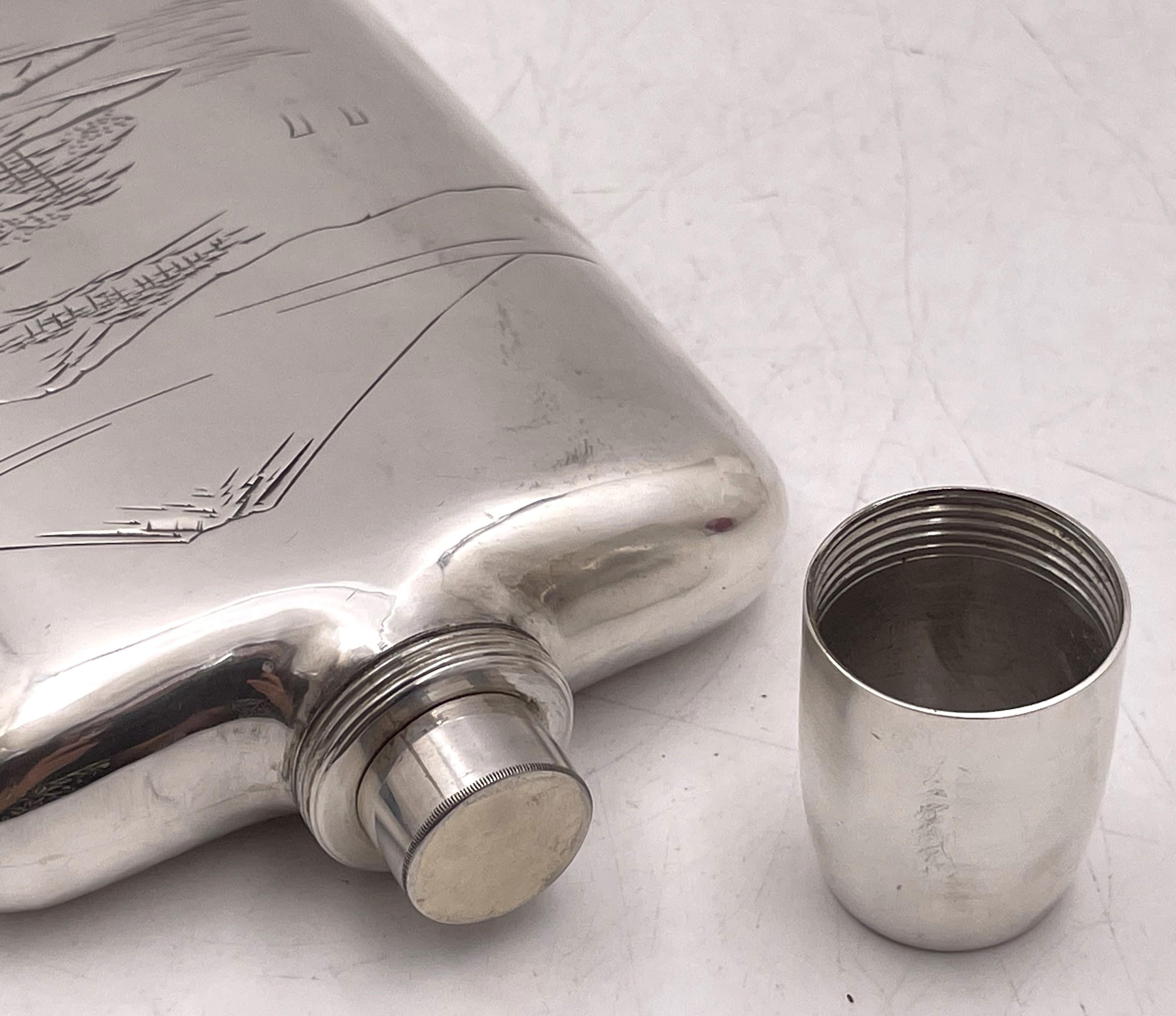 Japanese Sterling Silver Flask with Engraved Japanese Landscape with Shot Glass For Sale 3