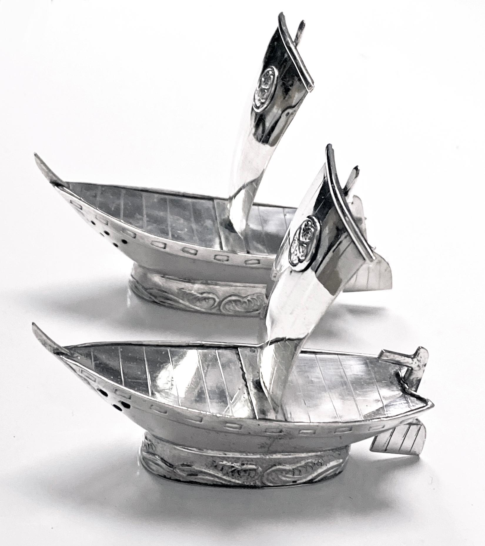 Women's or Men's Japanese sterling silver salt and pepper in the form of sailing ships C.1950