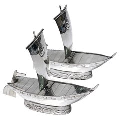 Japanese sterling silver salt and pepper in the form of sailing ships C.1950