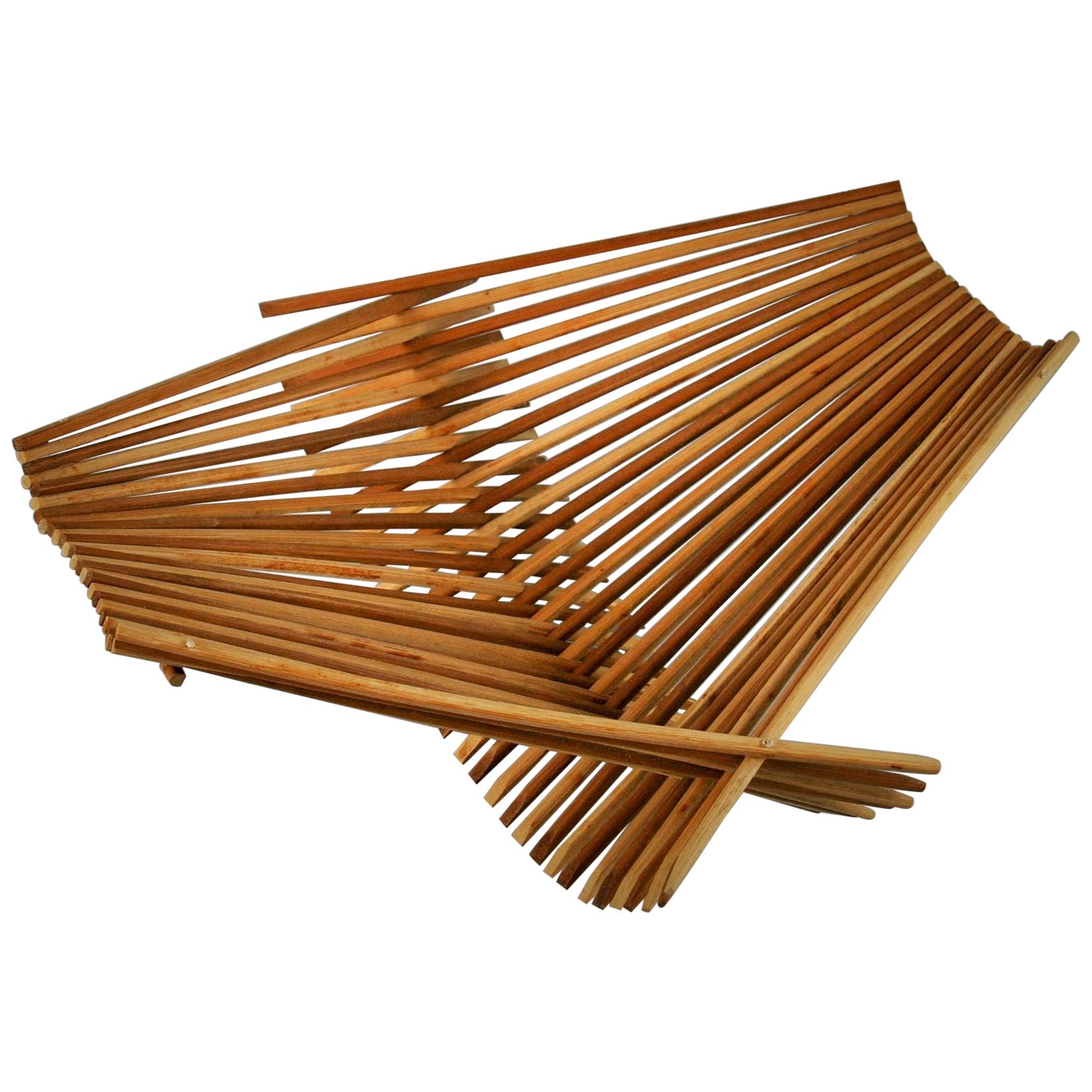 3-482 Japanese hand made stick basket using 2 different wood colors. Bread /fruit display