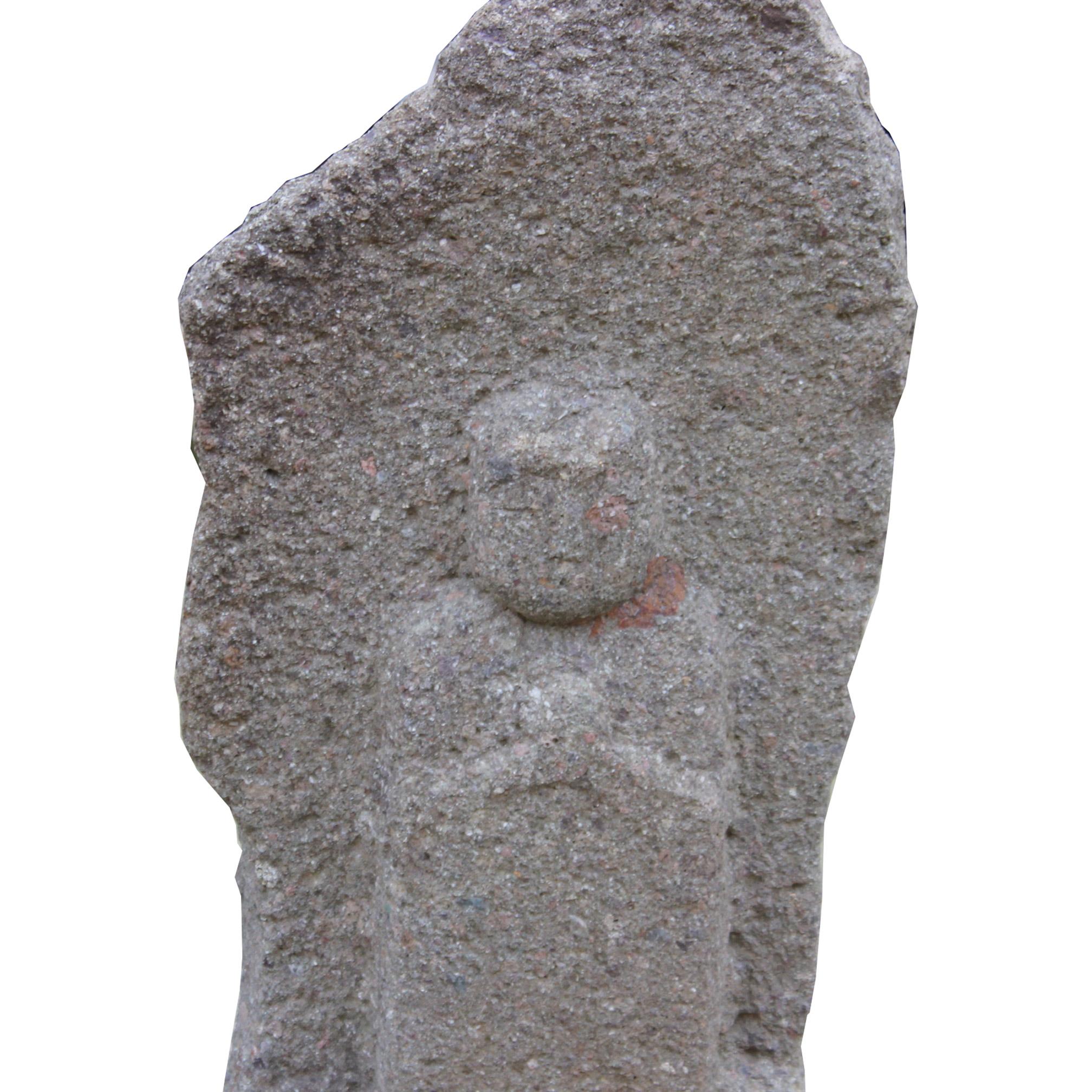 Hand carved stone Jizo are placed along the roads in Japan to protect travelers. Can place as a sculpture indoors or in the garden.