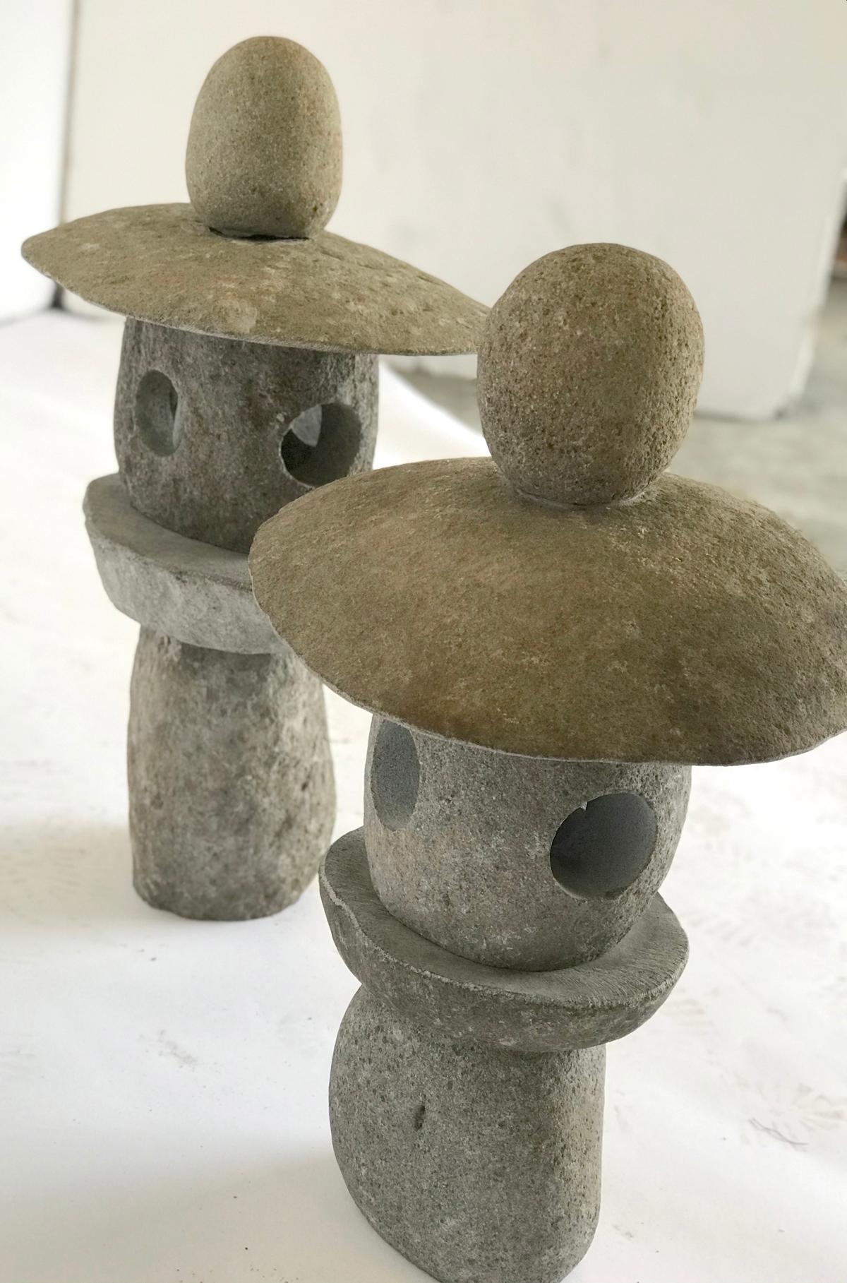 RIGHT ONE AVAILABLE. 21st century carved stone lantern made in the Japanese style.  It consists of 5 pieces and measures 17 x 12.5 x 26.5 tall. Please refer to specificities one when ordering.