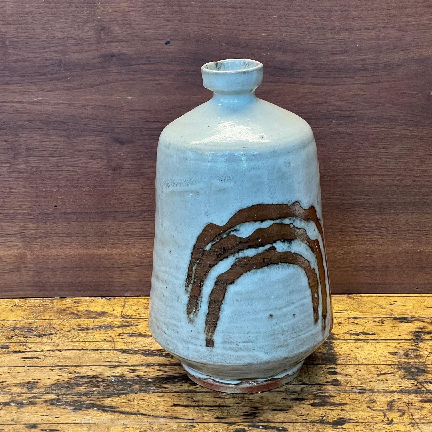 Hand-Crafted Japanese Stoneware Willow Bow Vase Bottle Vintage Mid-Century 1960s Rainbow For Sale