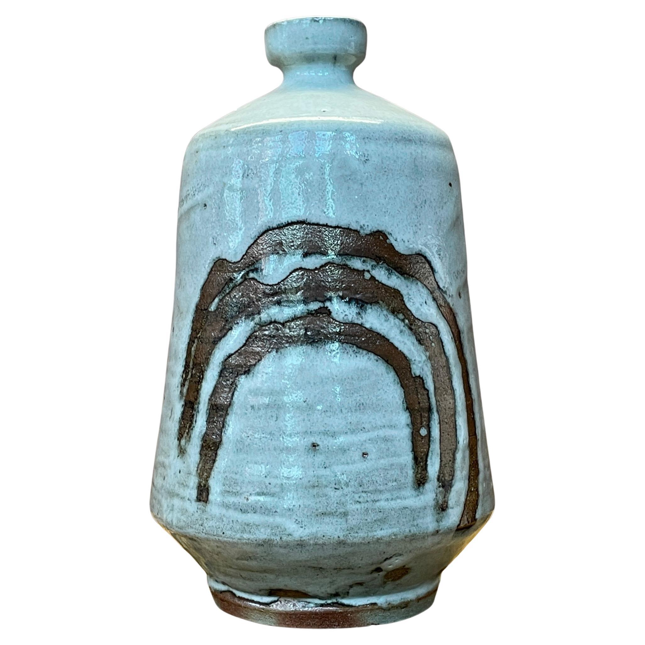 Bouteille de vase en grès japonais arc-en-ciel vintage du milieu du siècle 1960
