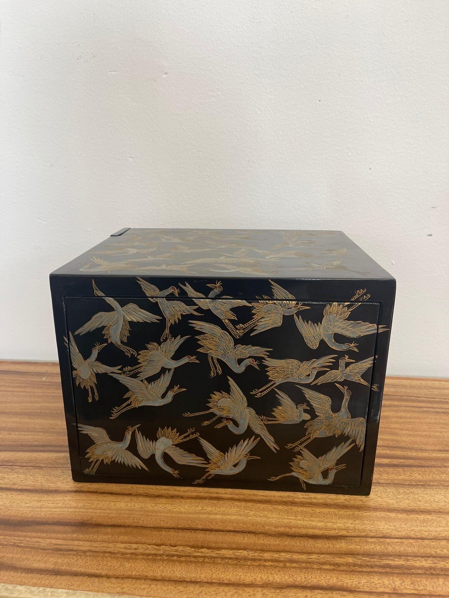Japanese Storage Box With Hidden Compartments and Crane Motif. In Good Condition In Seattle, WA