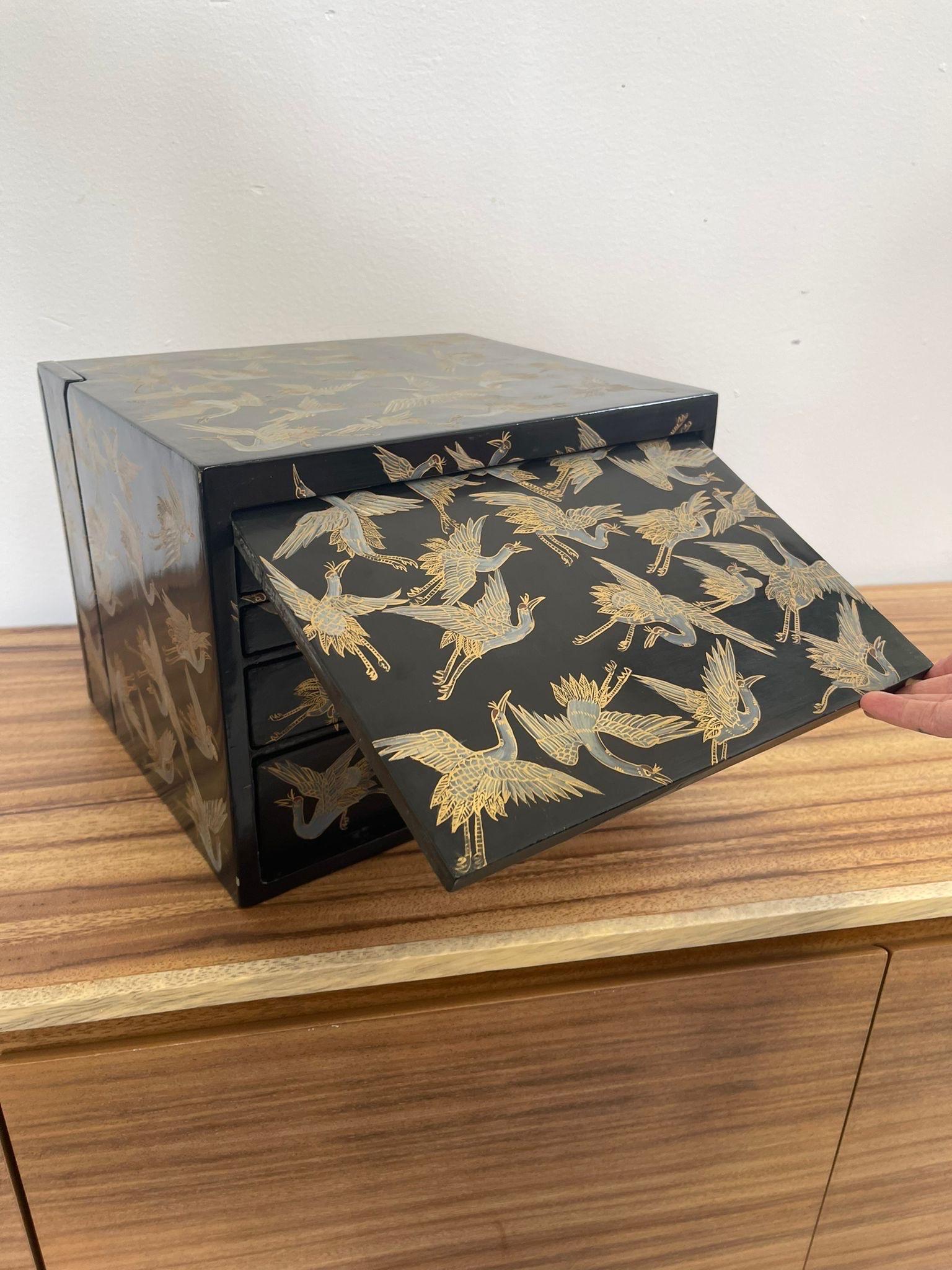 Wood Japanese Storage Box With Hidden Compartments and Crane Motif.