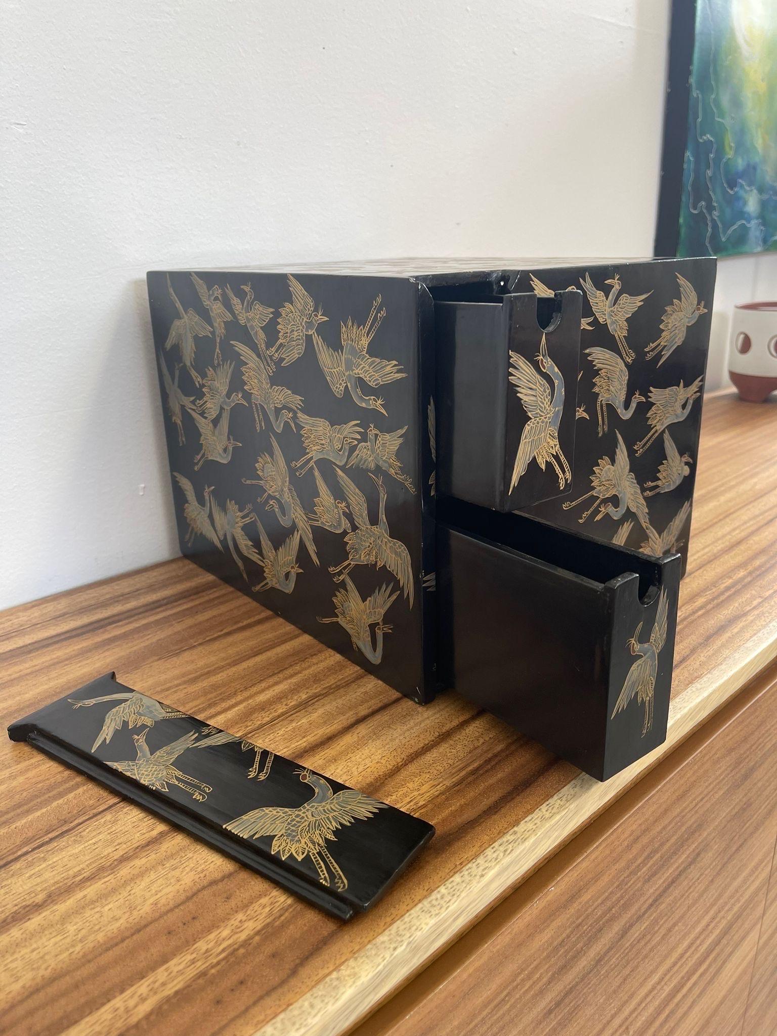 Japanese Storage Box With Hidden Compartments and Crane Motif. For Sale 2
