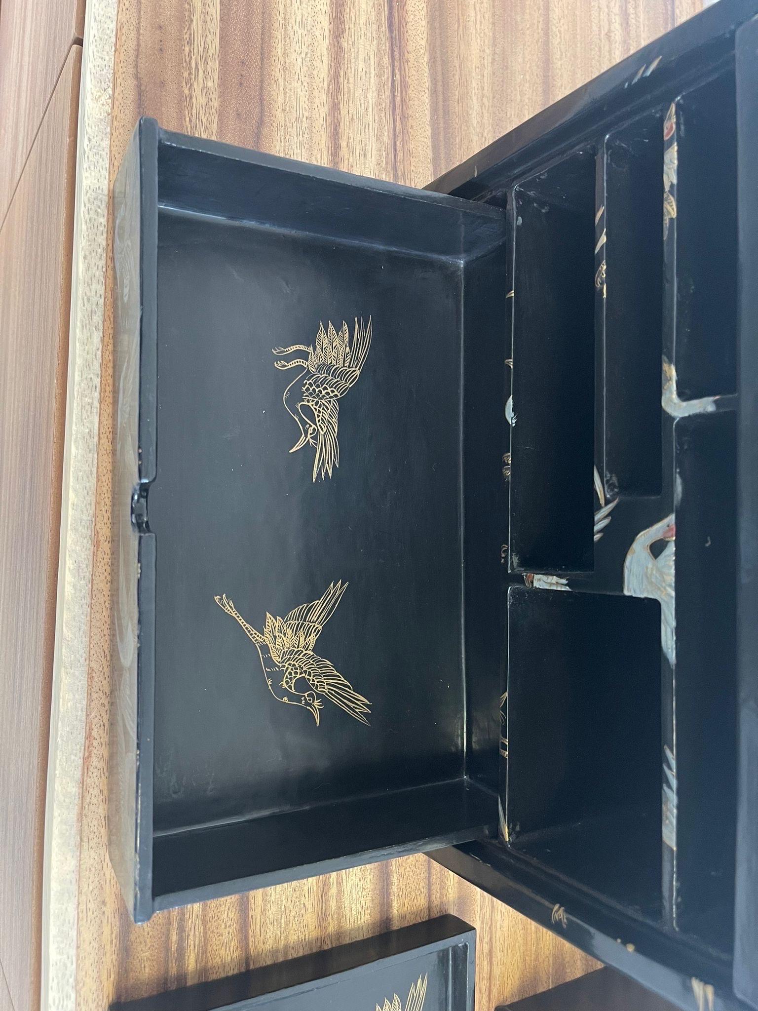 Japanese Storage Box With Hidden Compartments and Crane Motif. For Sale 3