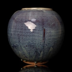 Japanese Studio Ceramic Vase by Oshio Tadashi, Blue Glaze, Nara, 20th Century