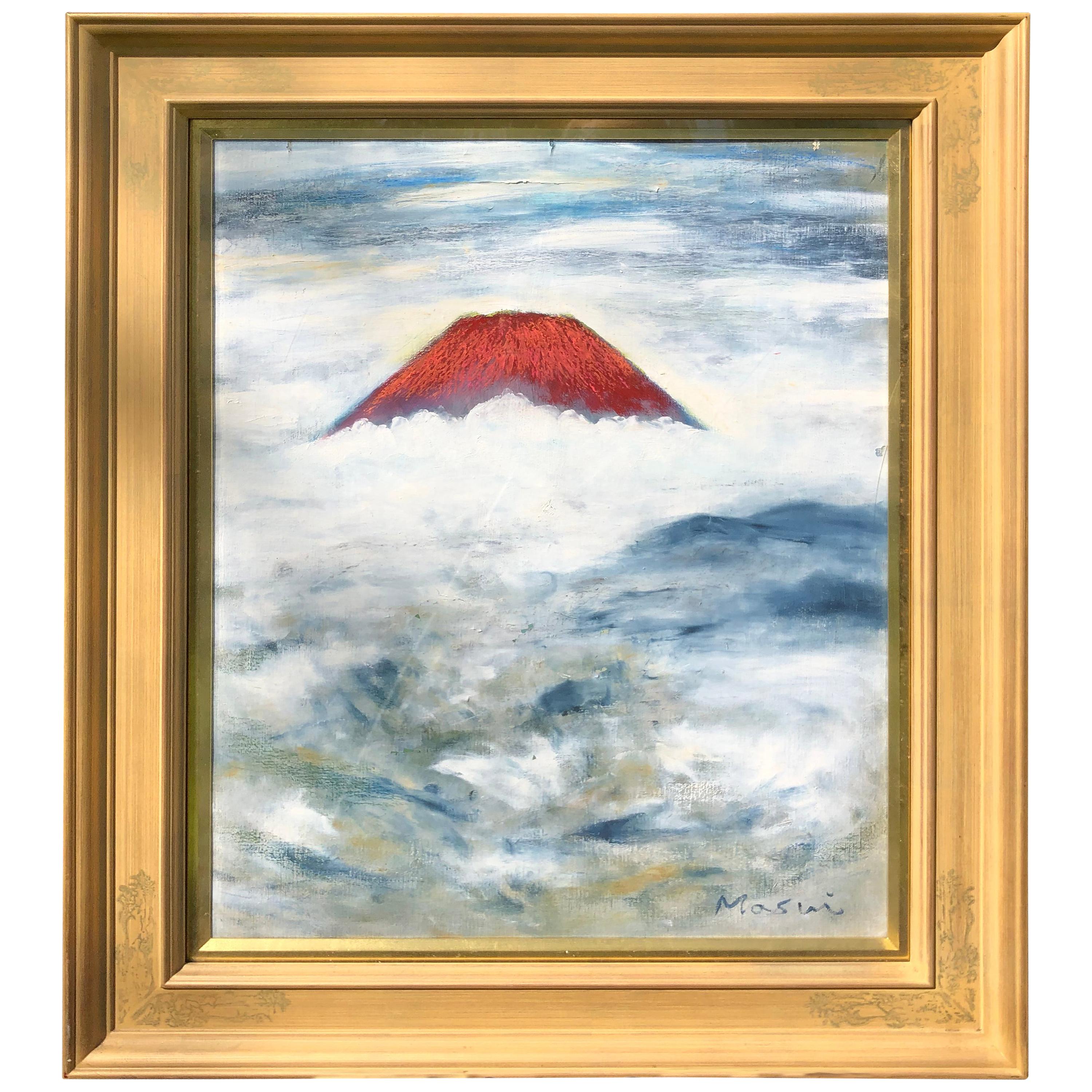 Japanese Stunniing "Red Mount Fuji Among Clouds" Oil Painting Signed Masui