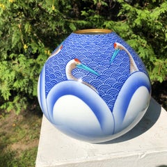Japanese Stunning Antique Blue & White Cranes Vase Hand Painted Gem