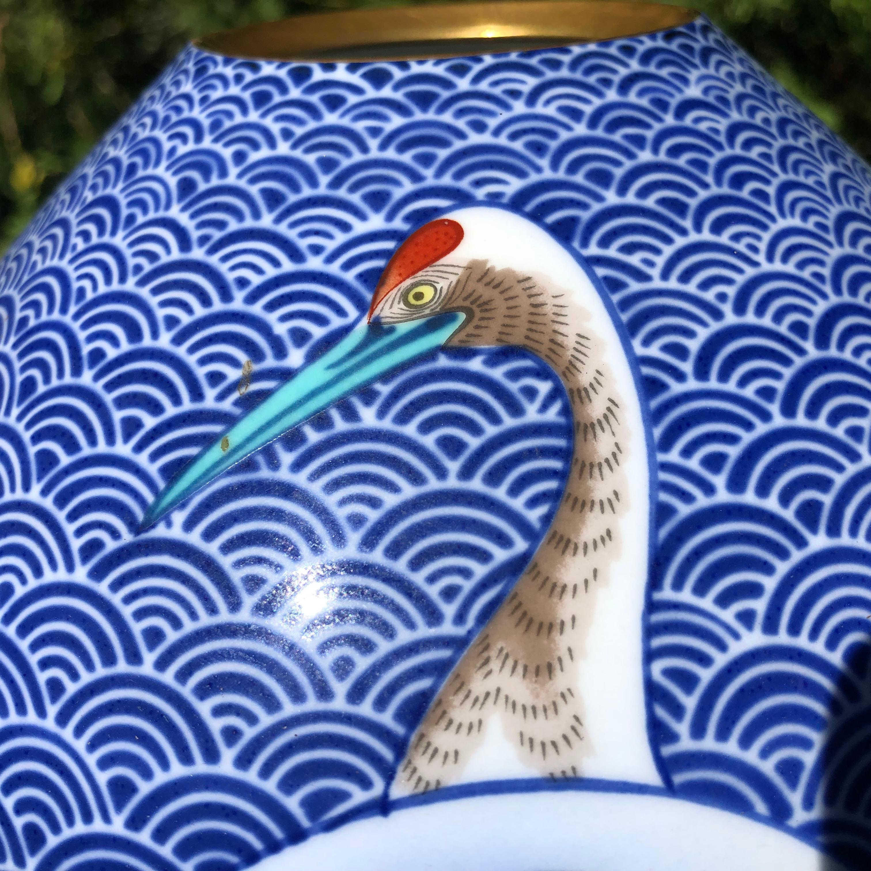 Taisho Japanese Stunning Antique Blue & White Cranes Vase Hand Painted Gem