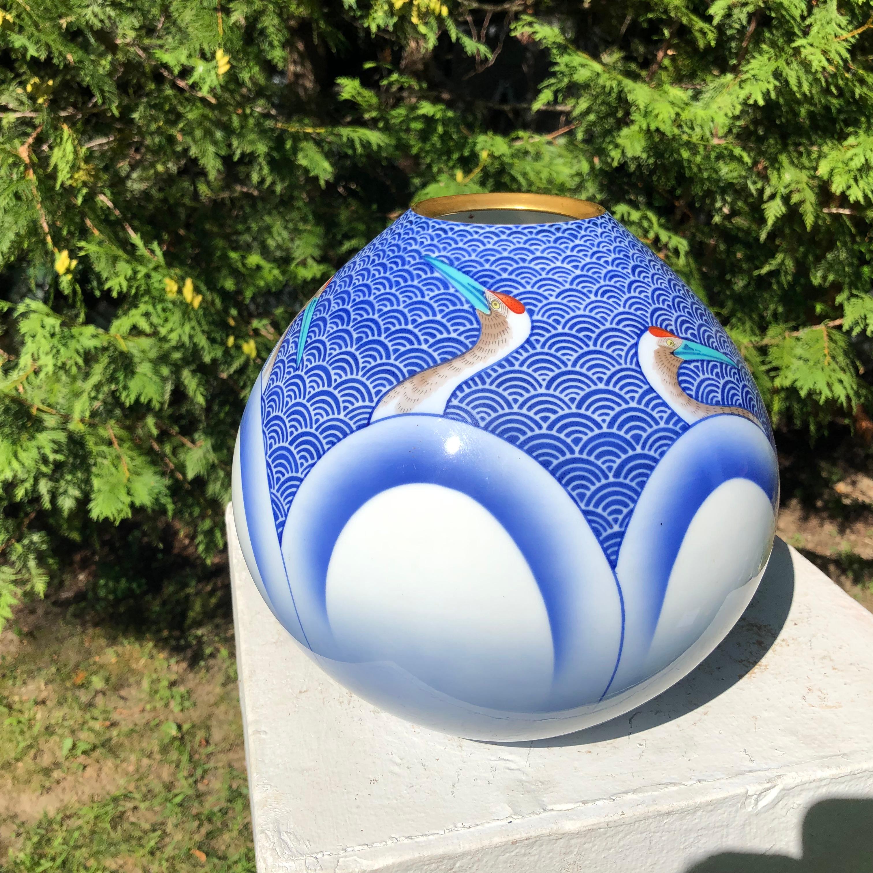 Japanese Stunning Antique Blue & White Cranes Vase Hand Painted Gem In Good Condition In South Burlington, VT