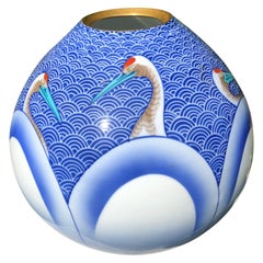 Superbe vase japonais ancien bleu & grues blanches peint à la main Gemme