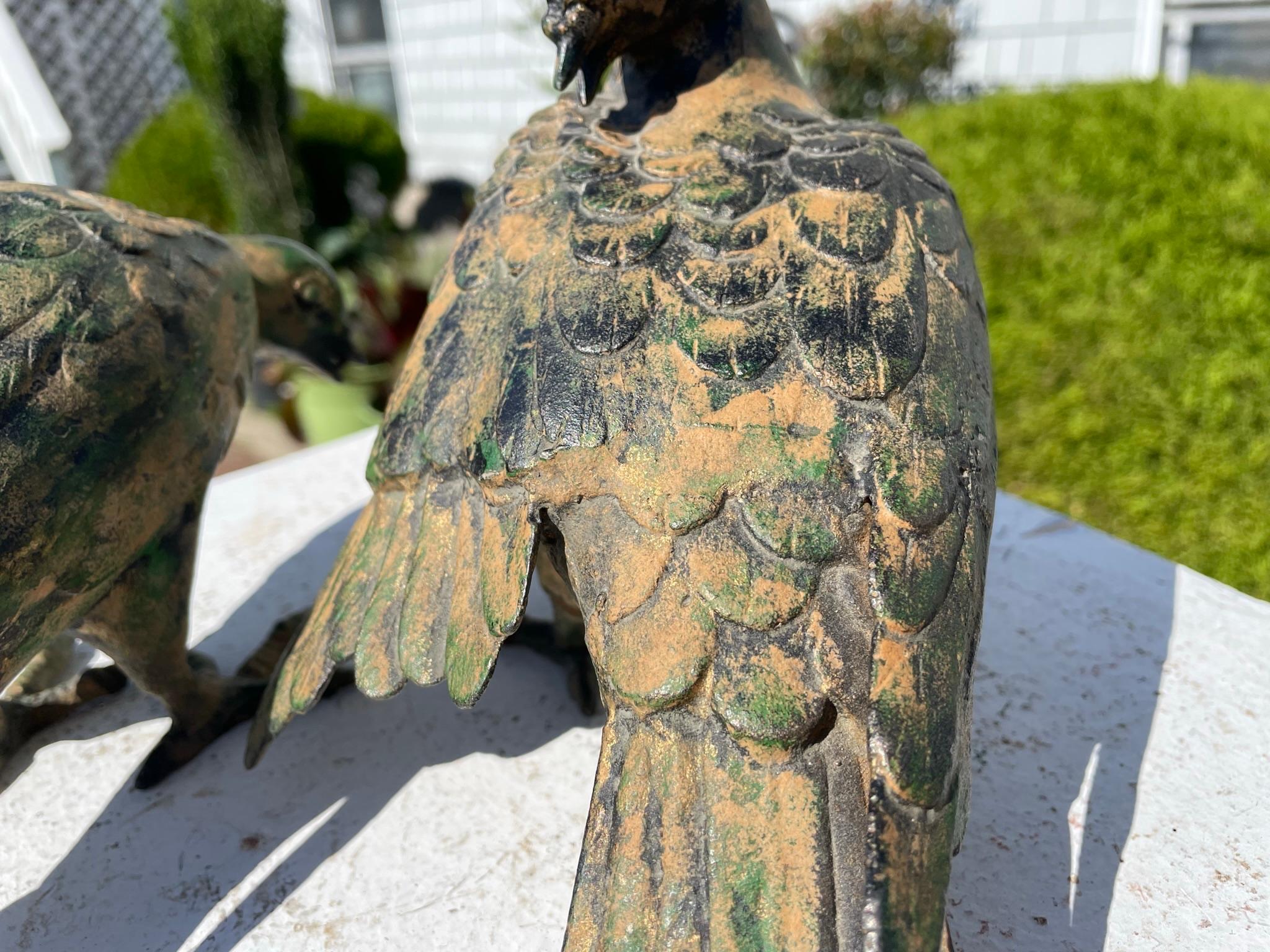 Japanese Stunning Antique Hand Cast Pair Bronze Pigeons, Beautiful Details 8