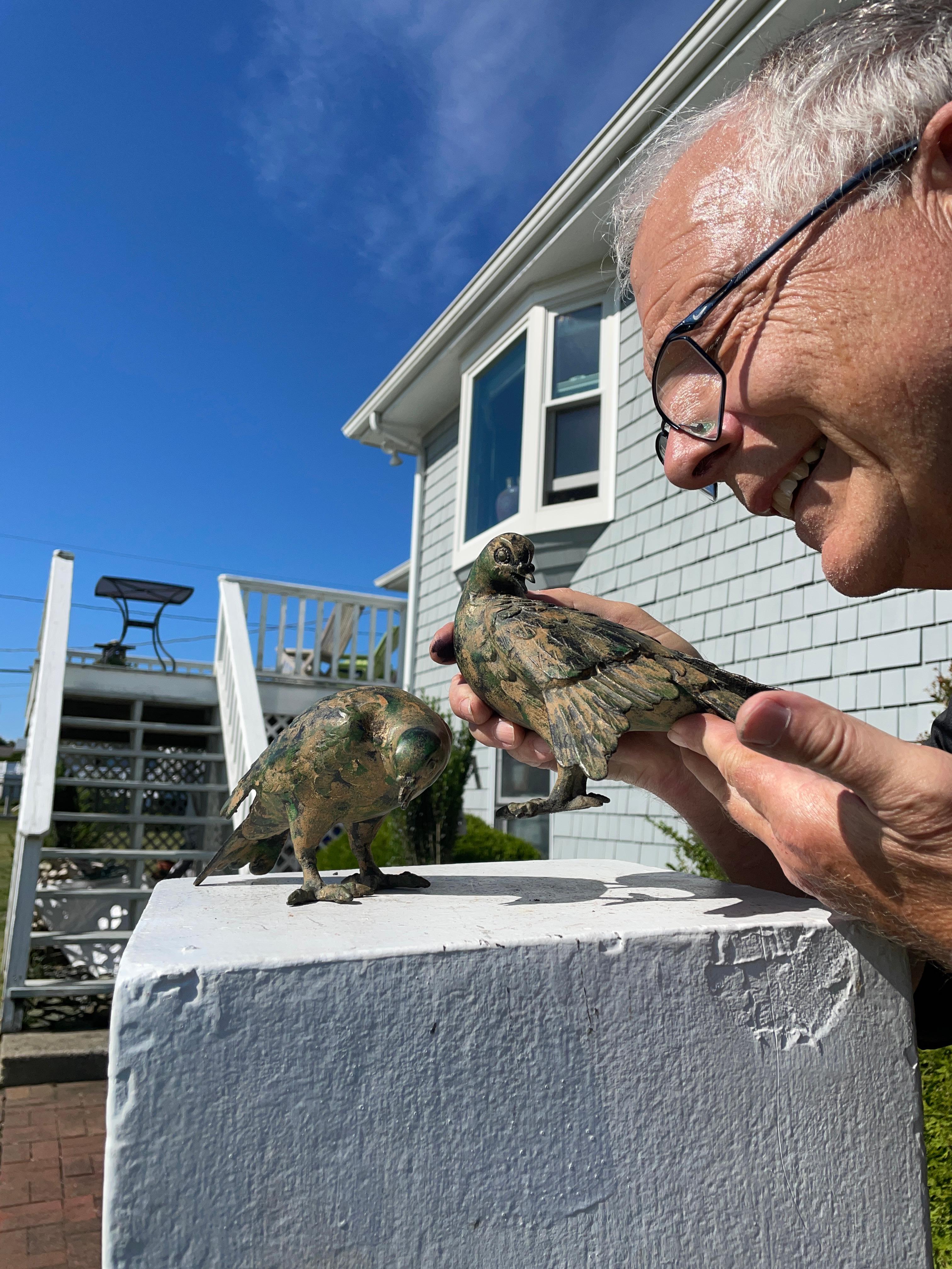 Japanese Stunning Antique Hand Cast Pair Bronze Pigeons, Beautiful