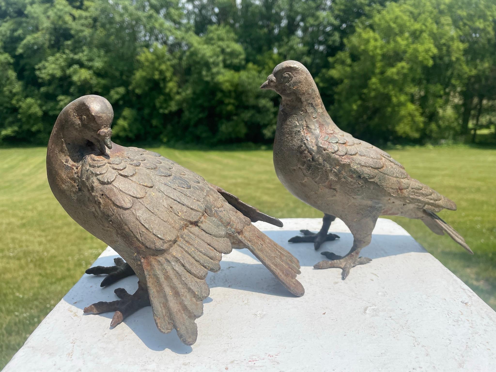 Showa Japanese Antique Hand Cast Pair Bronze Pigeons, Beautiful Details