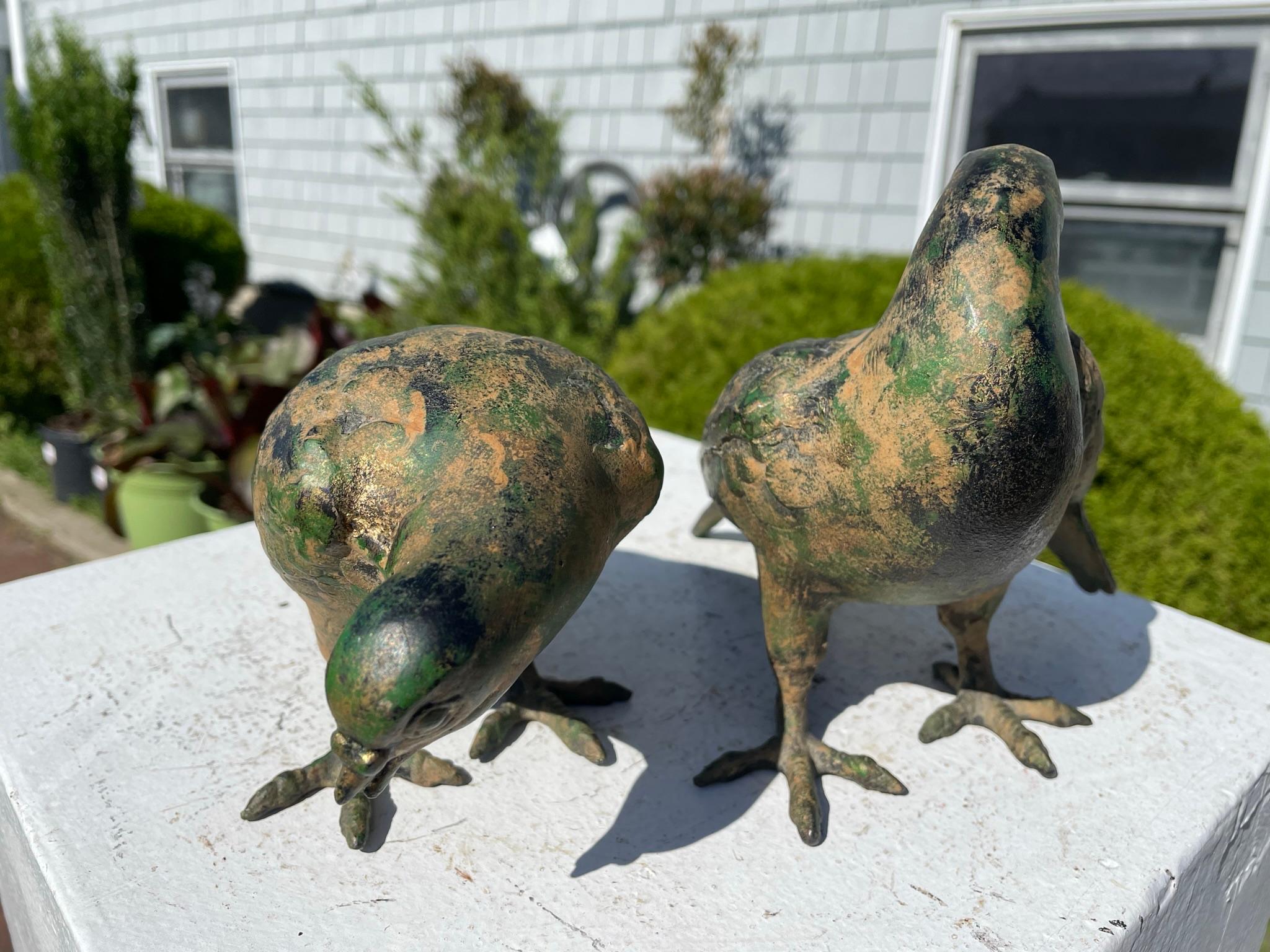 Japanese Stunning Antique Hand Cast Pair Bronze Pigeons, Beautiful Details In Good Condition In South Burlington, VT